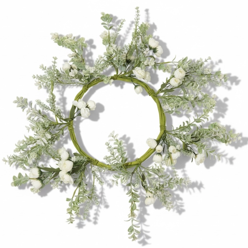 Lovely and Realistic White Faux Floral Wreath with Frosted Green Stems- 12”